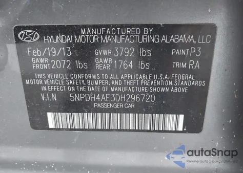 2013 Hyundai Elantra Gls z USA, uszkodzony, nr VIN 5NPDH4AE3DH296720